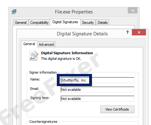 Screenshot of the Shutterfly, Inc. certificate